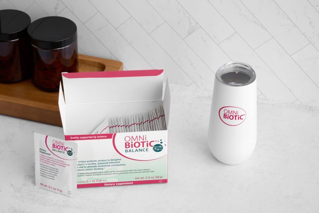 Omni-Biotic Balance packaging with box sachets and cup.