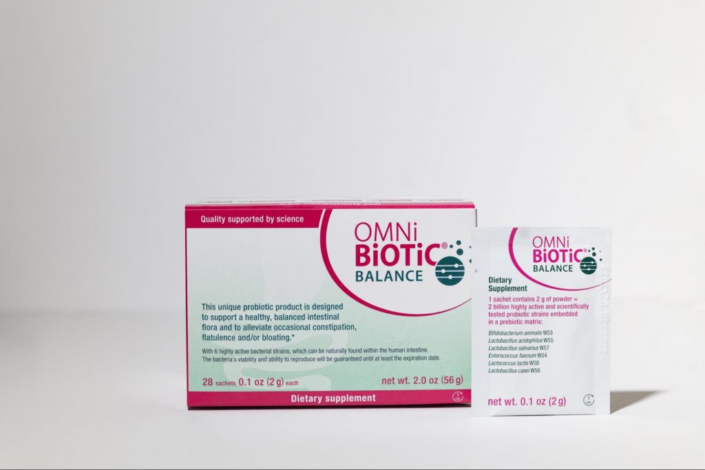 Product image of Omni-Biotic Balance with box and sachets. Omni-Biotic Balance is an excellent probiotic for constipation.